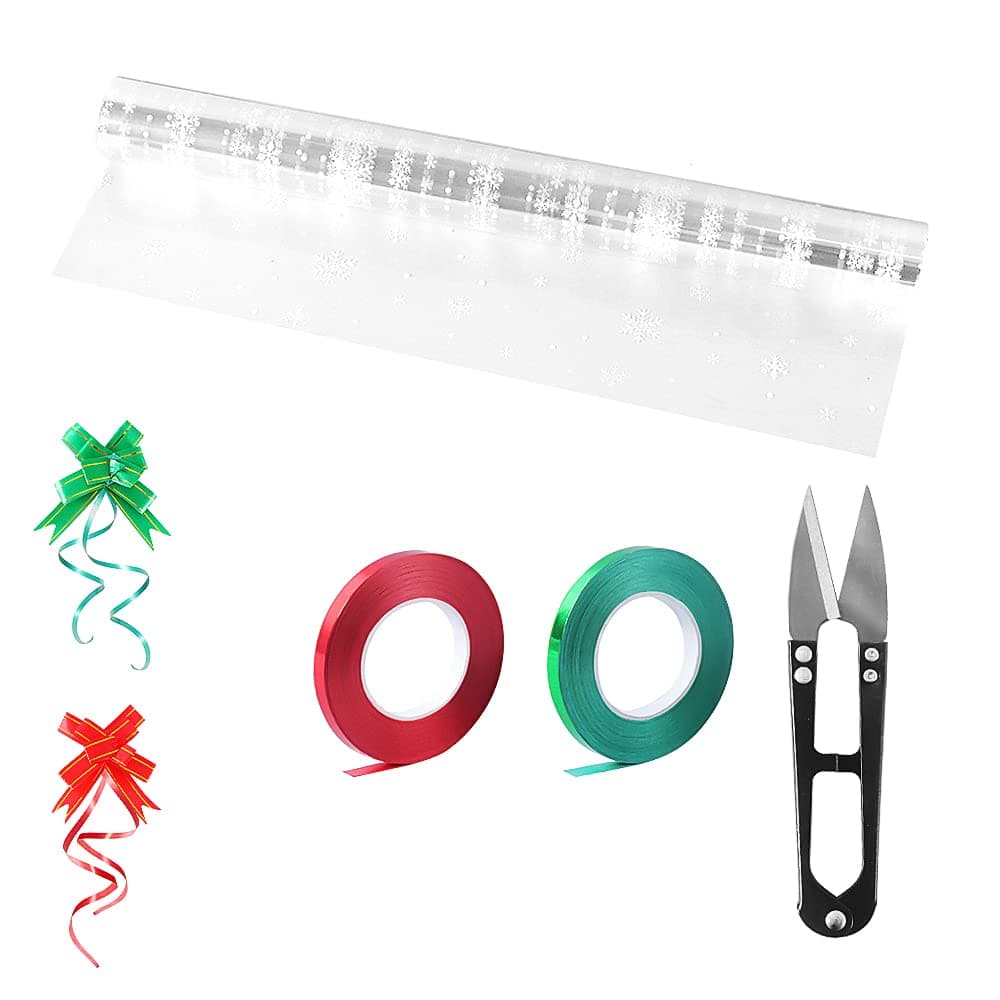PYGHAP Christmas Cellophane Wrap Roll, Clear Snowflakes Patterned Cellophane Wrap for Hampers for Christmas Gifts, Flowers, Treats & Crafts Wrap with Pull Bows, 40CM x 30M (Style 1)