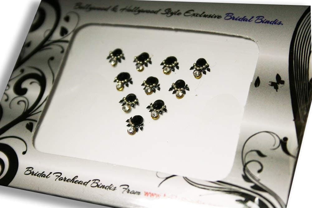 Crescent Moon Black Bindi with Bead & Crystals