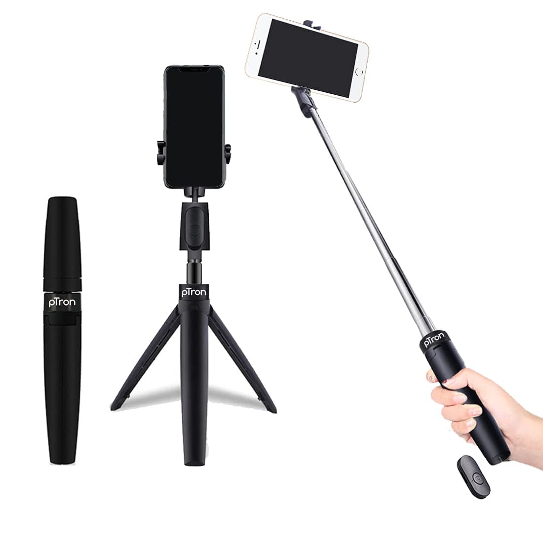 pTron Glam Plus Bluetooth Extendable Selfie Stick with Tripod Stand, Wireless Remote, 360 Degree Rotation, 73cm Extended Length, Compatible with 6-8cm Width Phones & Replaceable Battery - (Black)