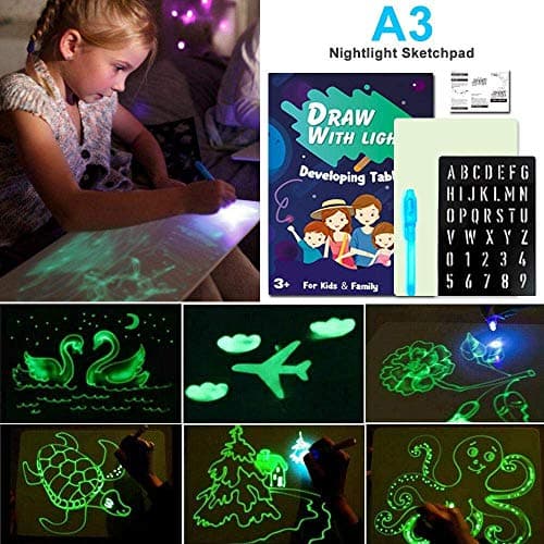 Kennifer Light Up Drawing Kit, Draw with Light Fun and Developing Toy Board, Magic Draw Educational Fluorescent Luminous Board, Christmas Gift for Kids (A5 (150mm x 220mm))
