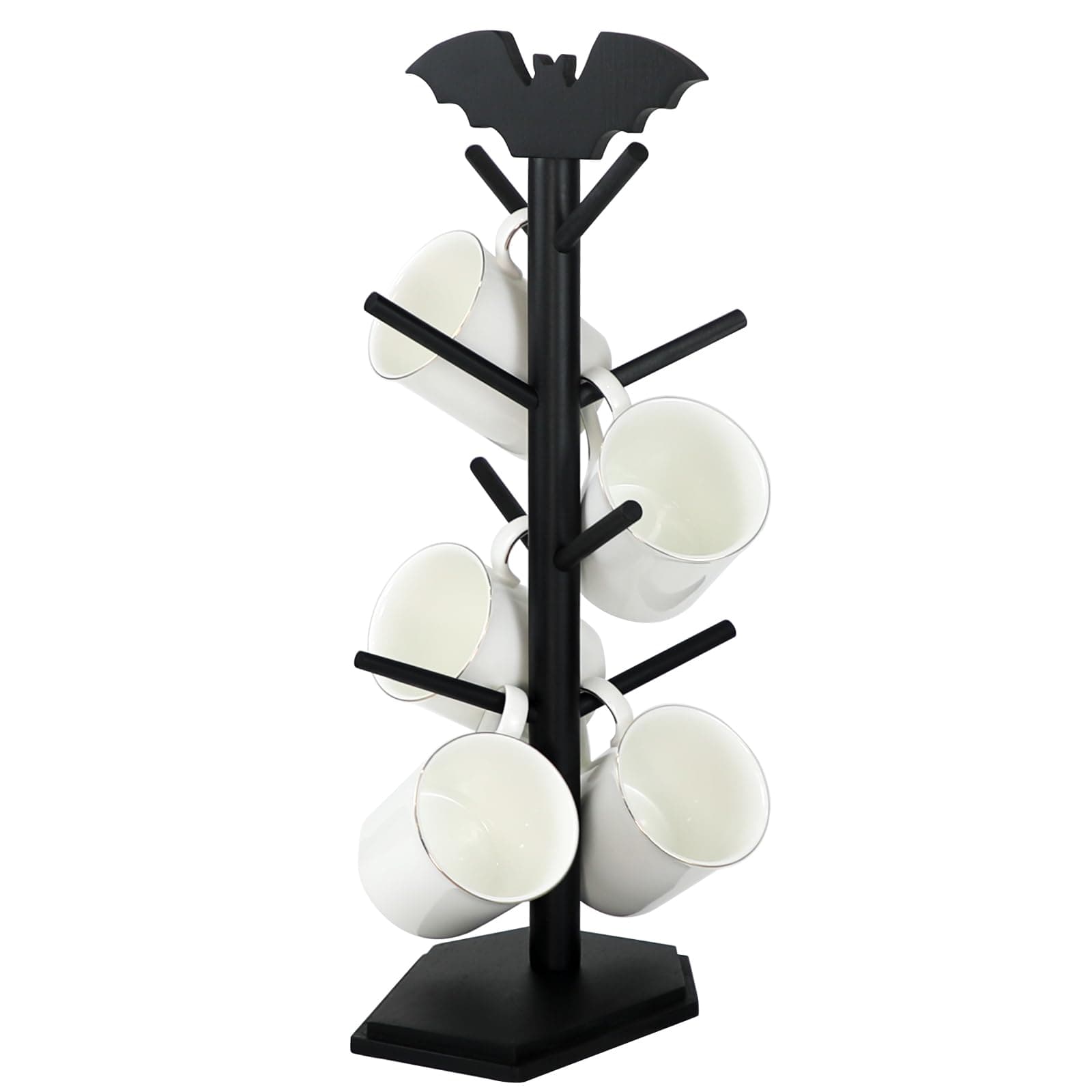 Bat Mug Holder Tree - 8 Hooks Mug Rack - Gothic Home Decor Wood Coffee Mug Tree for Countertop - Halloween Kitchen Organizer & Coffee Bar Accessories