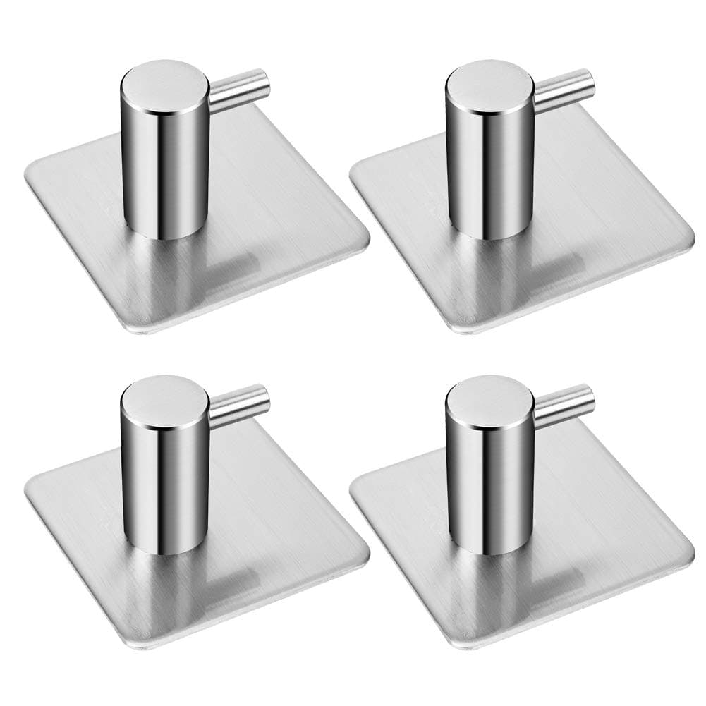 4 Pack Rustproof Stainless Steel Stick on Hooks Self Adhesive from, Waterproof Strong Bonding Power Sticky Hooks for Kitchens, Bathrooms, Lavatories, Closets, Office(Square)