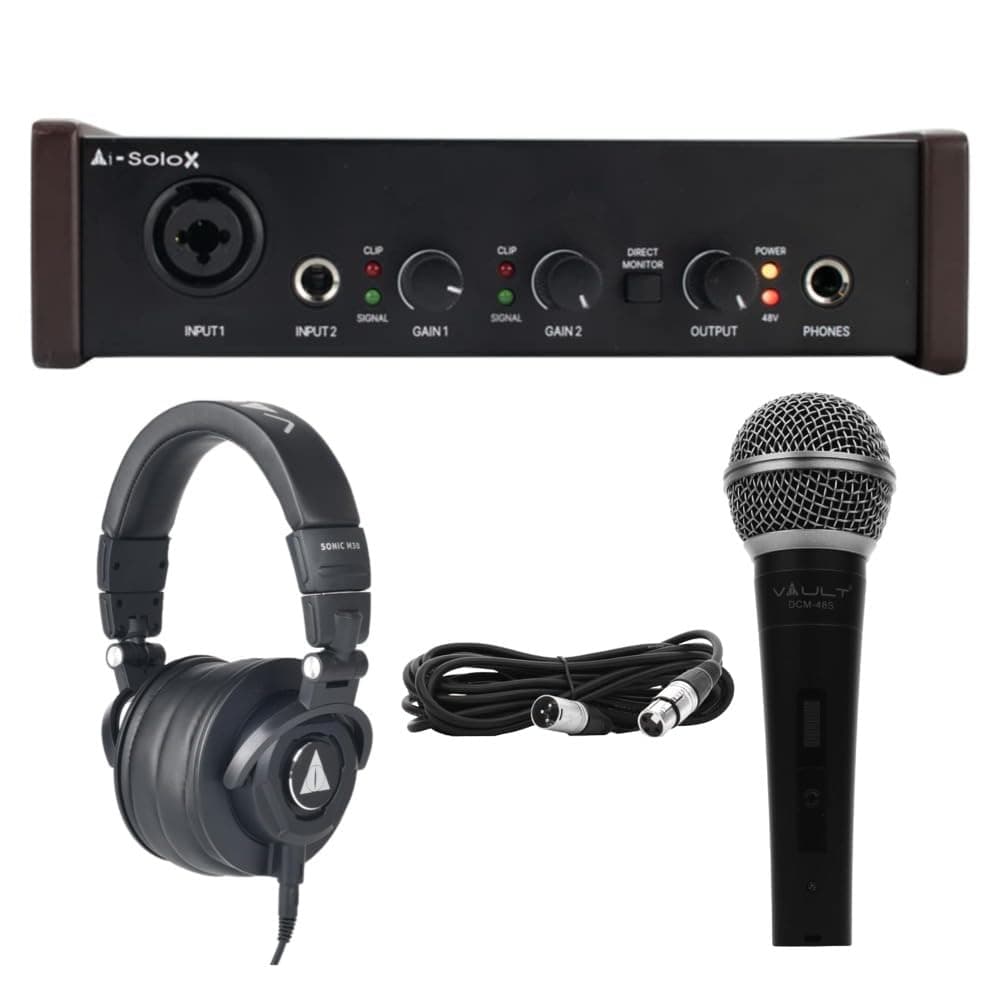 Vault Ai-SoloX 2-Channel Audio Interface with Sonic M30 Studio Monitoring Headphones & DCM 48S Dynamic Cardioid Microphone