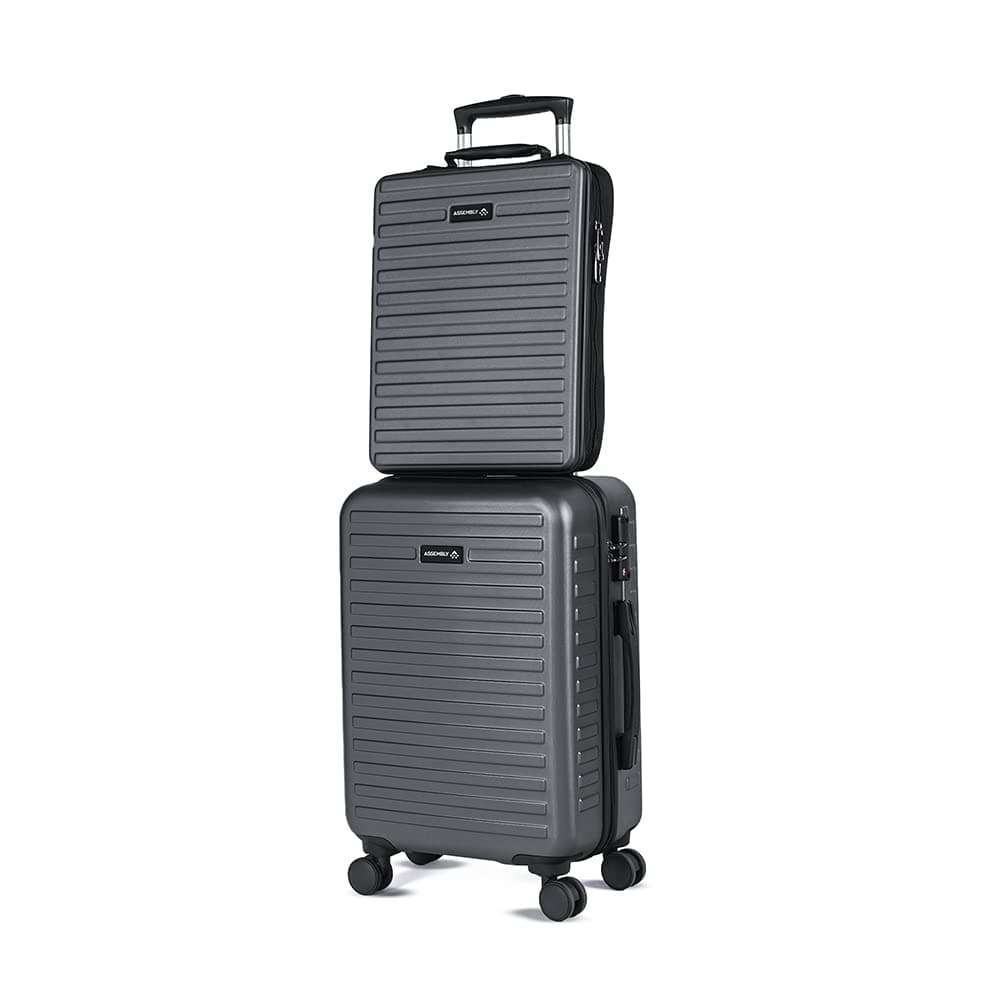 Assembly Cabin Suitcase Small & Hard Shell Laptop Bag with Flat-Lay Opening, 8 Spinner Wheels, Premium Polycarbonate Hard Shell Carry On Luggage Combo for Business Travel, Grey