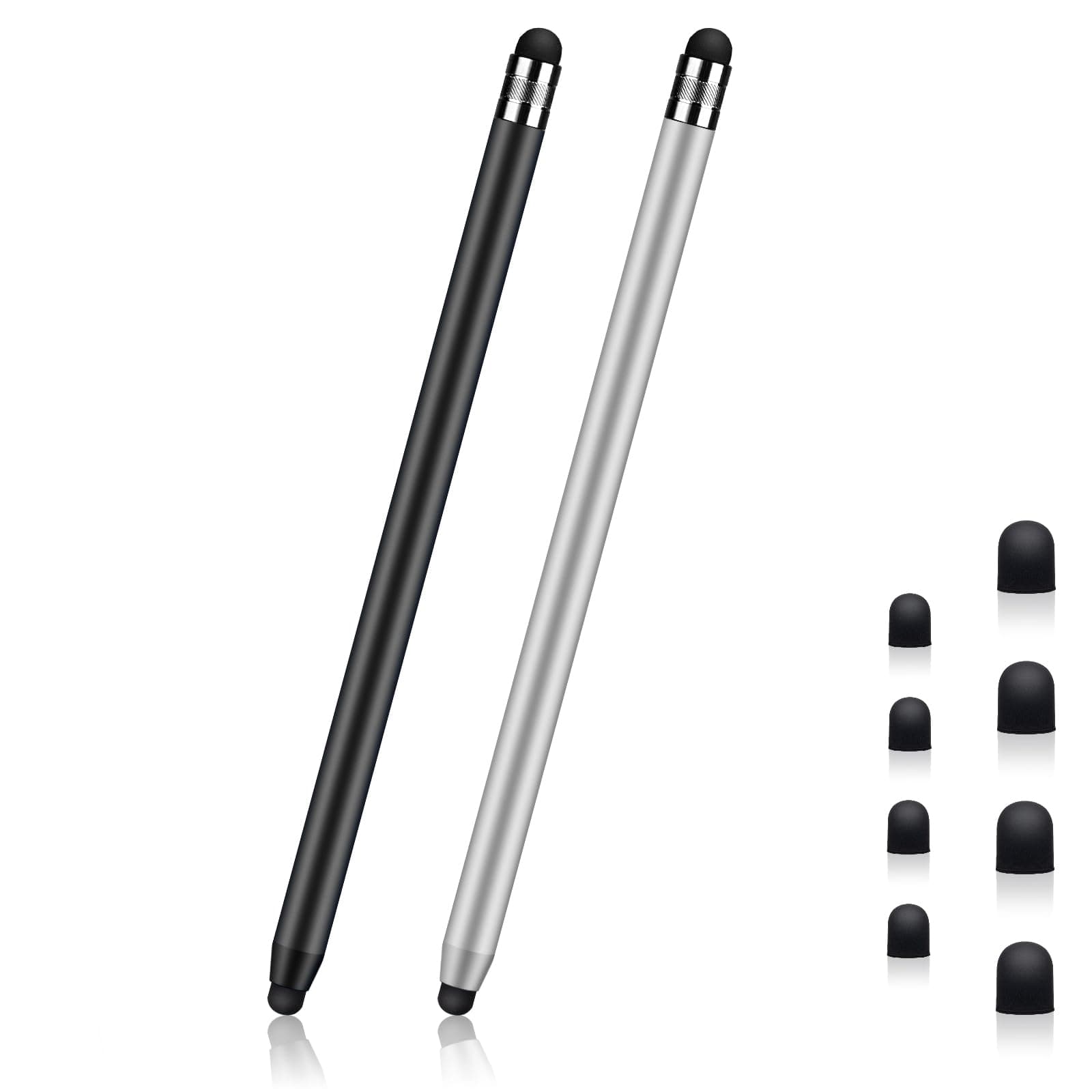 Tablet Pen 2 Pack Touchscreen Pen 2 in 1 Rubber Stylus Touch Pen for Tablets, iPad Mini, iPad Pro, iPad Air, Smartphones, Samsung Galaxy (Black + Silver)