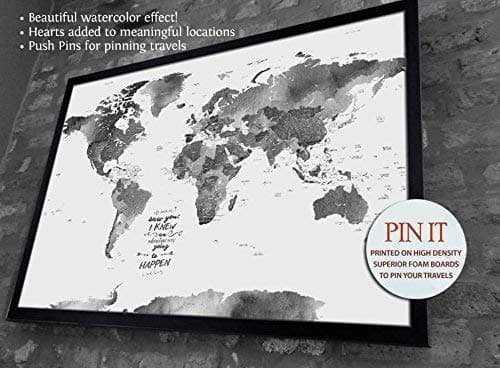 World Map Wall Art, Push Pin map with watercolor effect