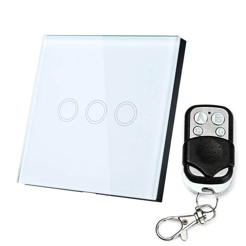 Smart Touch Screen Switch, EU Standard Touch Panel Smart Light Wall Switch 3 Gang Crystal Glass Panel Home Wall Light Switch Live & Neutral Wiring Required(Without Remote Controller)