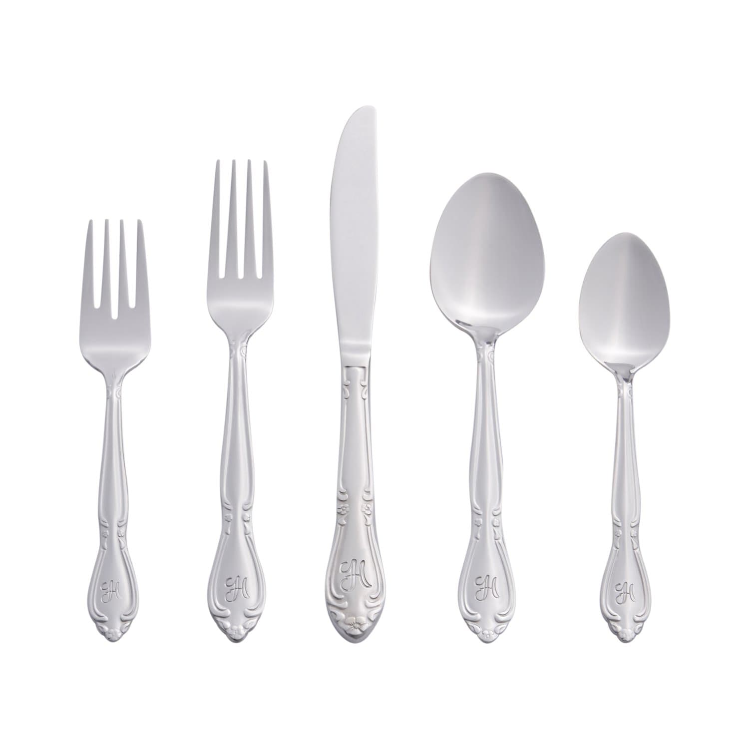 Rose Monogrammed Flatware Set 46 Piece Silverware - H - Utensils Set with Serving Pieces, Heavy Gauge Stainless Steel, Mirror Finish, Dishwasher Safe Cutlery for Daily Use