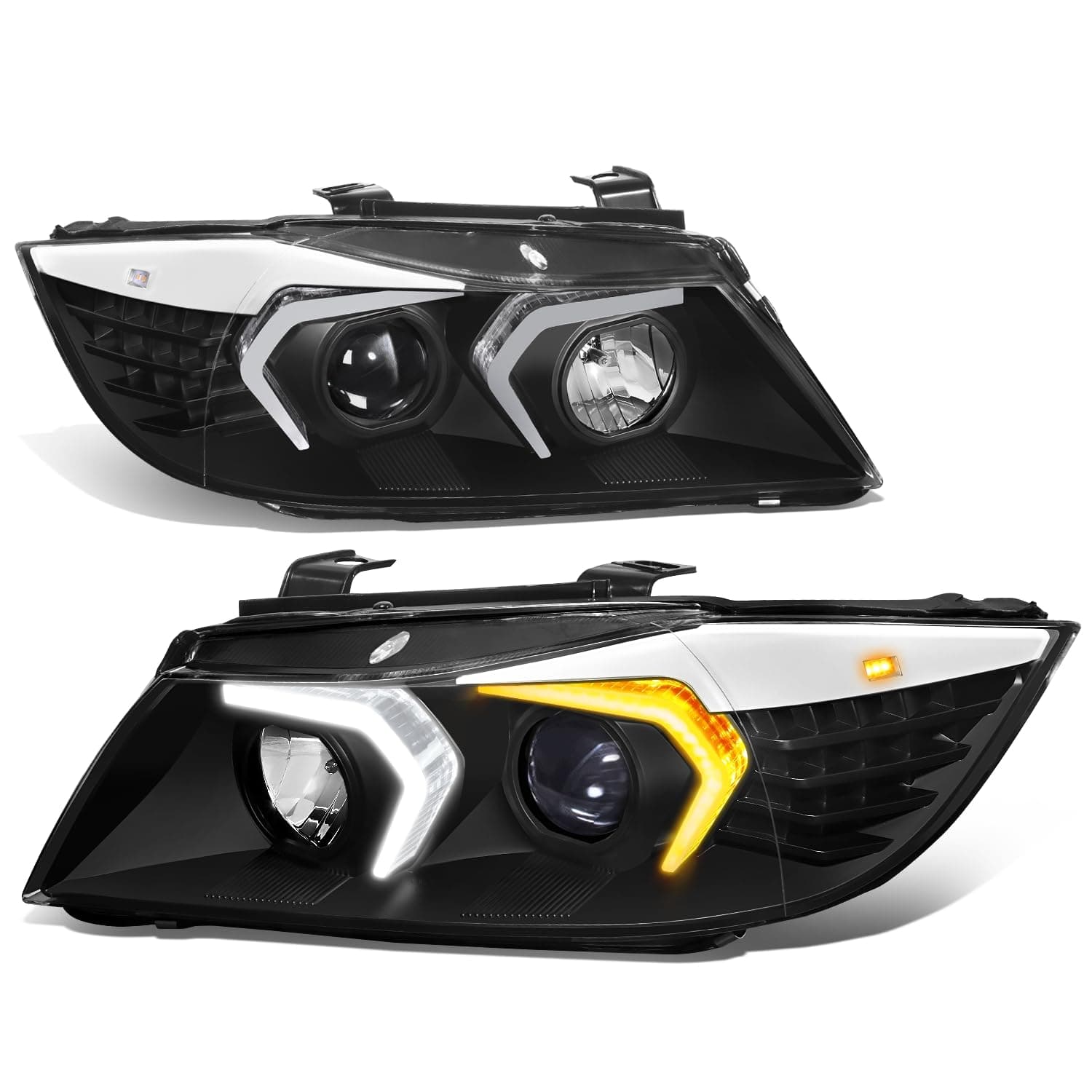 Auto Dynasty LED DRL Headlights Assembly Compatible with 2009-2012 BMW E90 320i 323i 325i 335i 335d 328i 4-Dr Sedan, Left and Right Side, 3D Switchback LED Daytime Running Light Bar, Black Housing