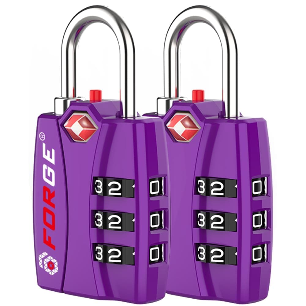 Forge Open Alert TSA Approved Luggage Locks - 3 Digit Combination, Easy Read Dials, Zinc Alloy Body - Ideal Travel Lock for Luggage, Suitcases, Bags & Toolboxes (Purple 2 Locks)