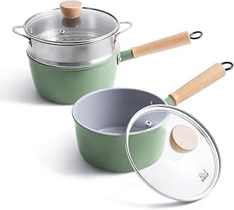 ROCKURWOK Ceramic Nonstick Sauce Pan, 1.5QT and 2.2QT Saucepan Pot Set, PFAS-Free, Non Toxic & PFAS-Free, Wooden Handle for Cool Touch, Universal Base(Gas, Electric & Induction), Green