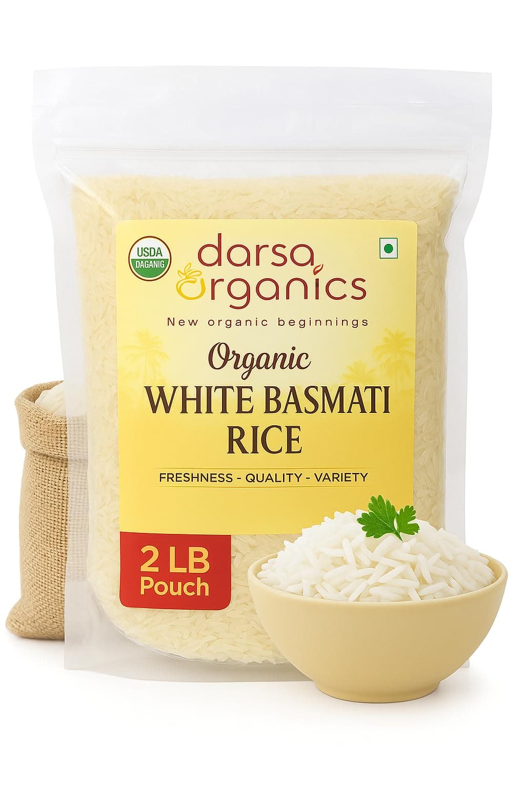 Darsa Organics White Basmati Rice (2lb) - USDA Organic Long Grain White Rice from India - Premium Aromatic & Fluffy Grains for Biryani & Pilaf - Non-GMO, Kosher, Vegan & Chemical-Free (Resealable Bag)