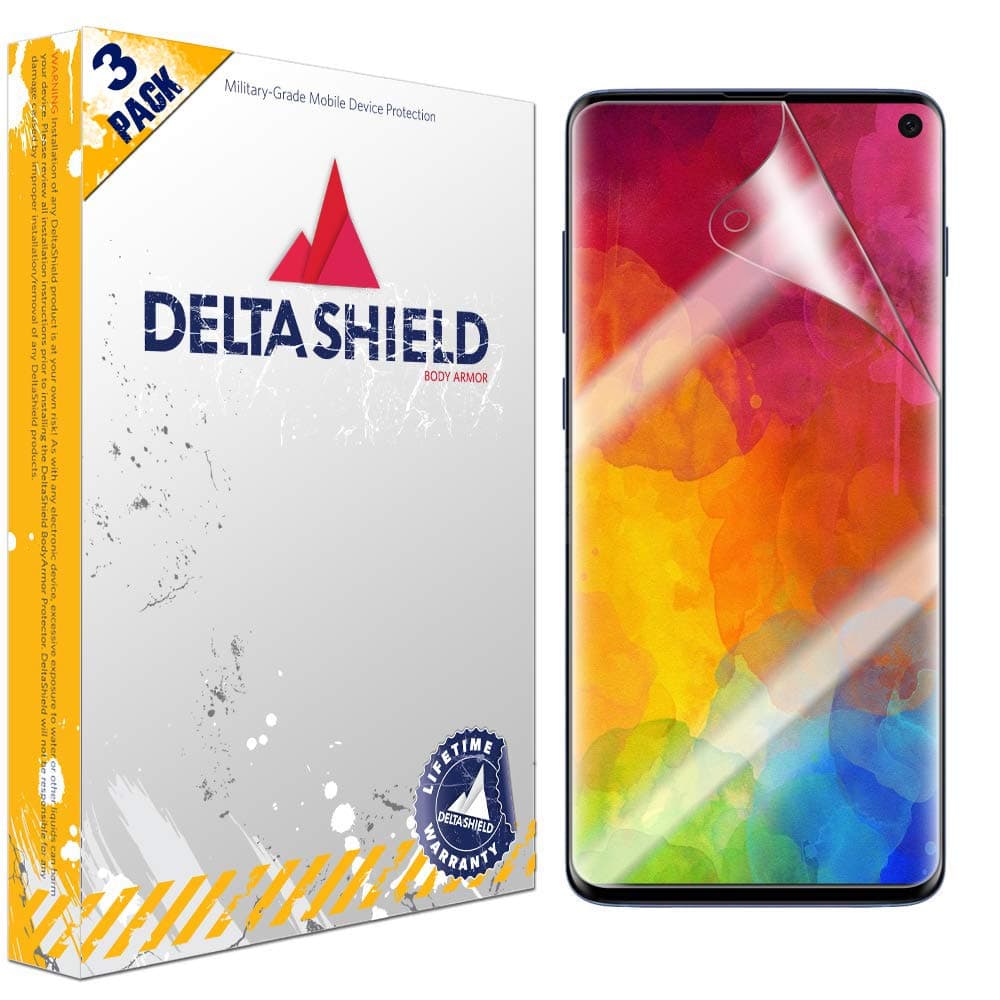 DeltaShieldScreen Protector for Samsung Galaxy S10 (6.1 inch) (3-Pack) (Case Friendly B) BodyArmor Anti-Bubble Military-Grade Clear TPU Film