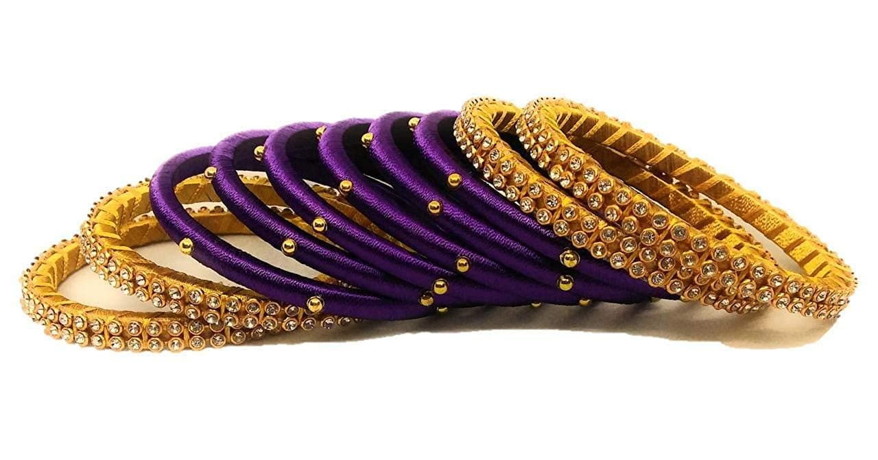 Thread Trends Hand Made Plastic Gold Plated and Zircon Bangle Setof 10 Bangles Violet -Gold (size-2/10)