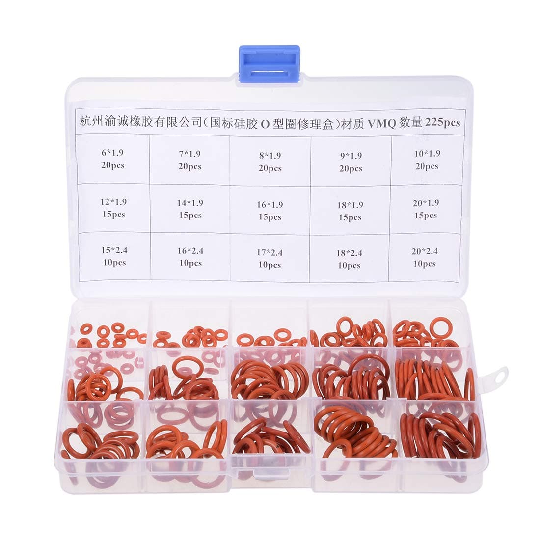 sourcing map Silicone Rubber O-Ring Assortment Kit 225 Pieces 15 Sizes Metric VMQ Sealing Gasket Set, Red