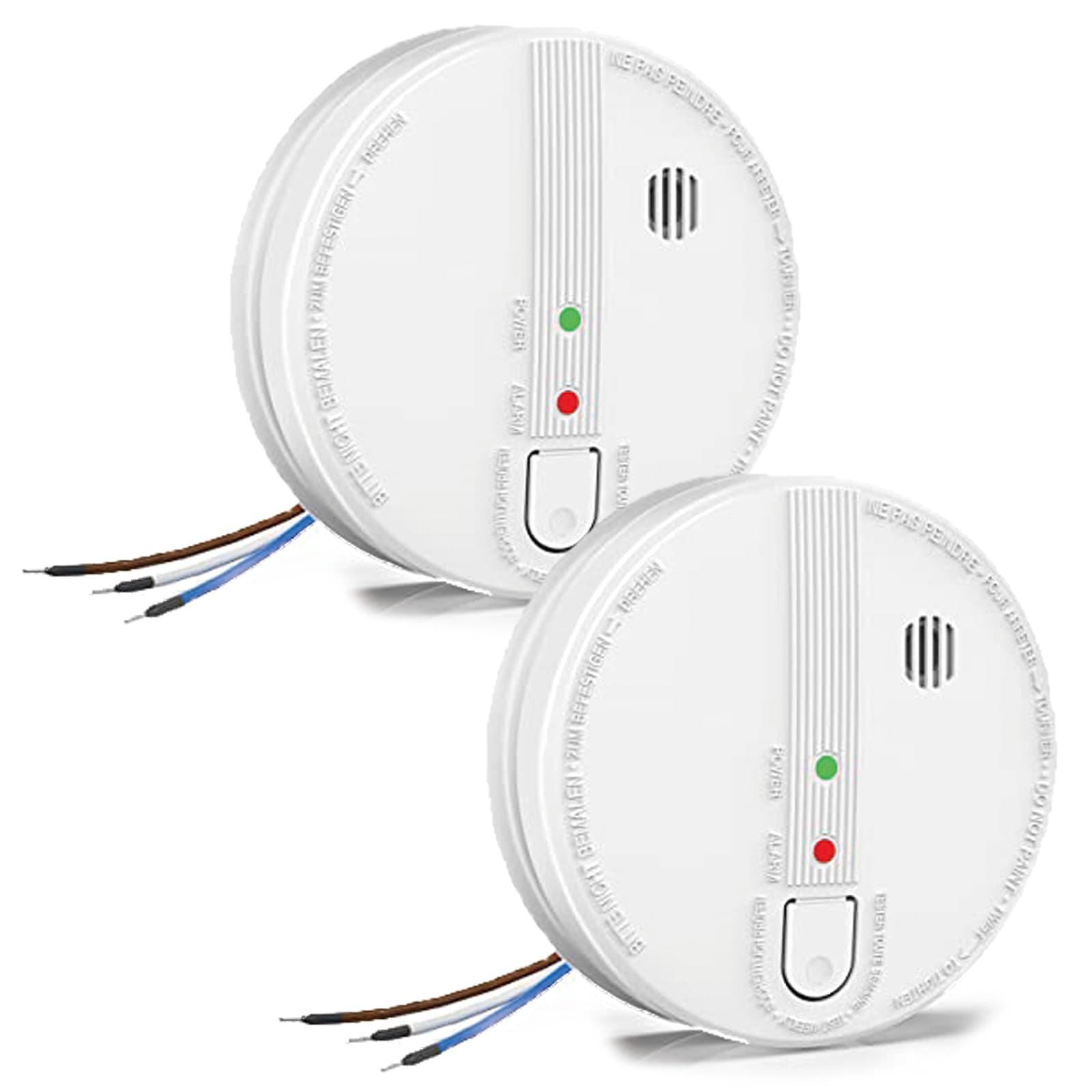 Wired Smoke Alarm, Interlinked Fire Alarm with LED Indicator and Silence Button, 10-Year Life Smoke Detector with 9V Battery Backup, Mains-powered, Conforms to EN14604 Standard, 2 Pack