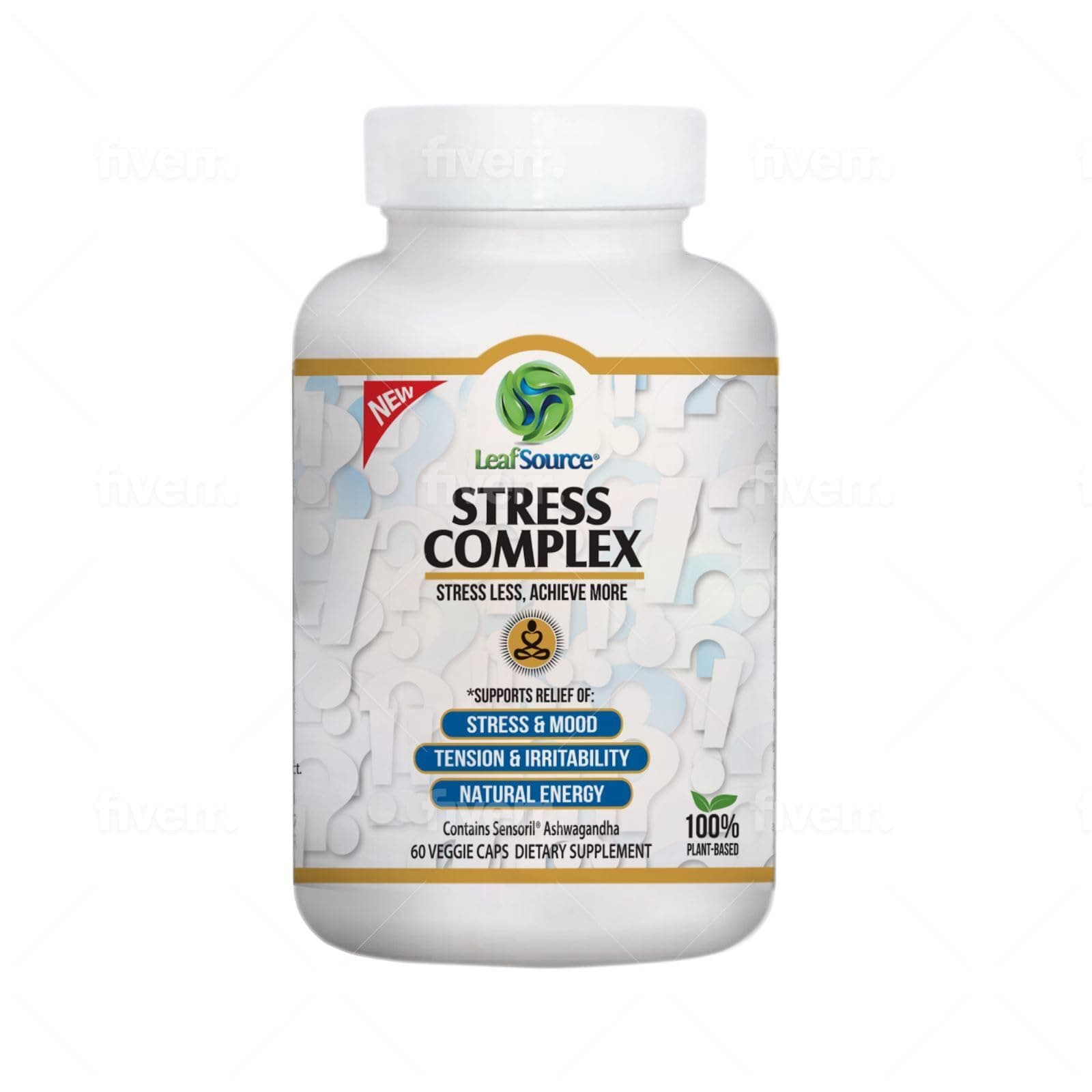 LEAFSOURCE Stress Complex : Stress Symptom Relief, Reduces Irritability, Relaxes & Calms, Improves Focus, Boosts Energy Strongest Ashwagandha Sensirol® (60 Capsules)