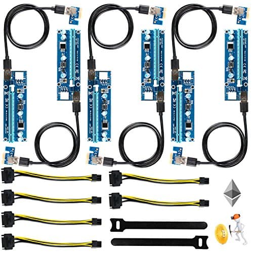 Kinmoku PCIe Riser GPU Riser Adapter PCI-E 16x to 1x Powered Riser Card 60cm USB 3.0 Extension Cable 6 Pin PCIE to SATA Power Cable for ETH Coin Ethereum Mining (6 pack)