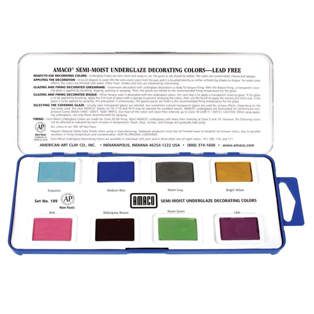 Semi-Moist Underglazes 8-Count Set No. 2 (#109), 8 Assorted Decorating Colors in Watercolor-Like Pans, Low/Mid-High Fire Cone 05-6 (SMUG) Ceramic Pottery Underglazes for Unfired Clay and Bisque