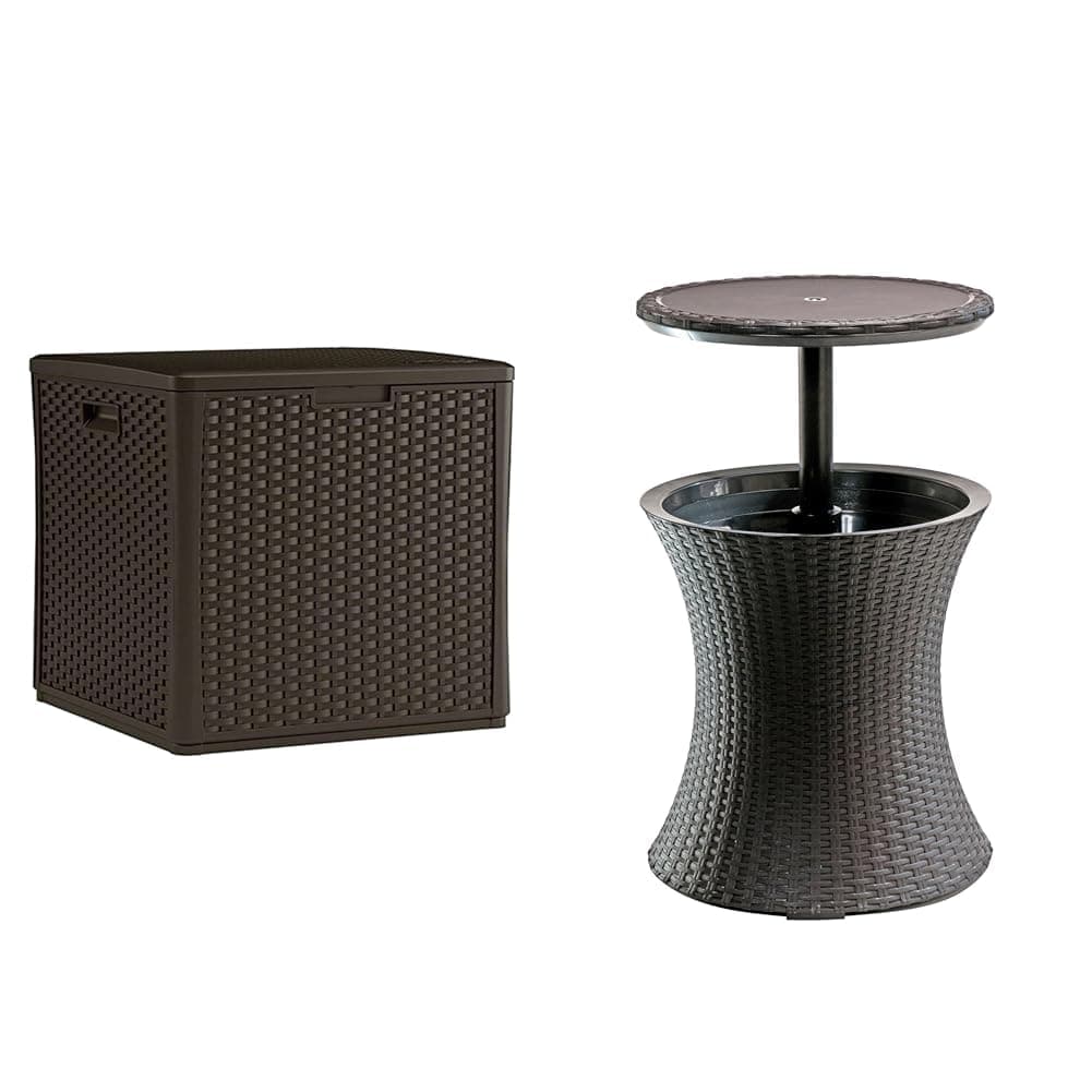 Suncast60 Gallon Resin Outdoor Patio Storage Box, Java & Keter Pacific Cool Bar Outdoor Patio Furniture and Hot Tub Side Table with 7.5 Gallon Beer and Wine Cooler, Espresso Brown