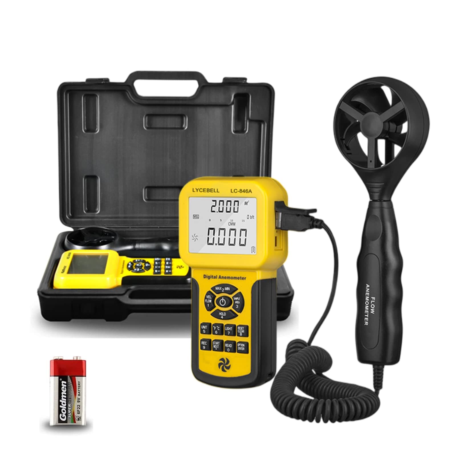 Professional HVAC Anemometer 846A, Wind Speed Meter with Telescopic Sensor, Air Flow Meter CFM CMM, with Data Storage Backlit LCD for Ventilation Sailing Drone Fishing (Suitcase Included)