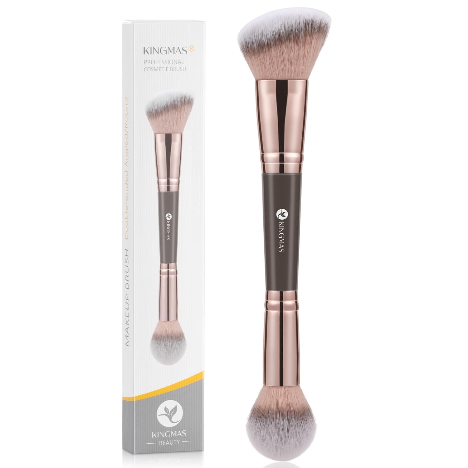 KINGMAS Foundation Makeup Brush, Double Ended Bronzer Brush Angled & Round Contour Brushes for Beauty Blending Liquid Powder, Concealer Cream Cosmetics Blush (Brown)