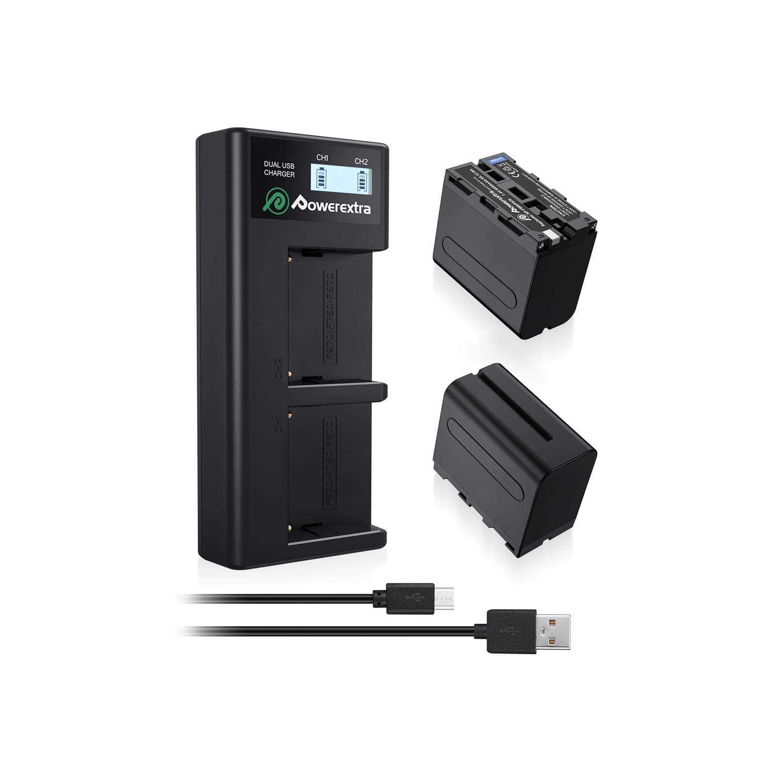 Powerextra 2 Pack Replacement Battery and Smart LCD Display Dual USB Charger for Sony NP-F970, NP-F930, NP-F950, NP-F960 Battery and Sony CCD-SC55, TR516, TR716, TR818, TR910, TR917