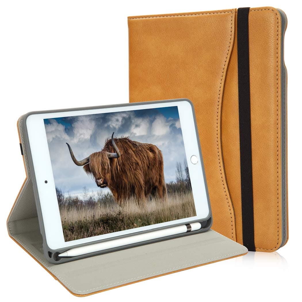 New iPad Mini Case 5th Generation with Pencil Holder - Mini iPad 4 Leather Stand Folio - Wallet Pocket - Handle Strap - Soft TPU Back Cover Auto Sleep/Wake for 7.9 Inch iPad Mini 4 / 5 (Camel)