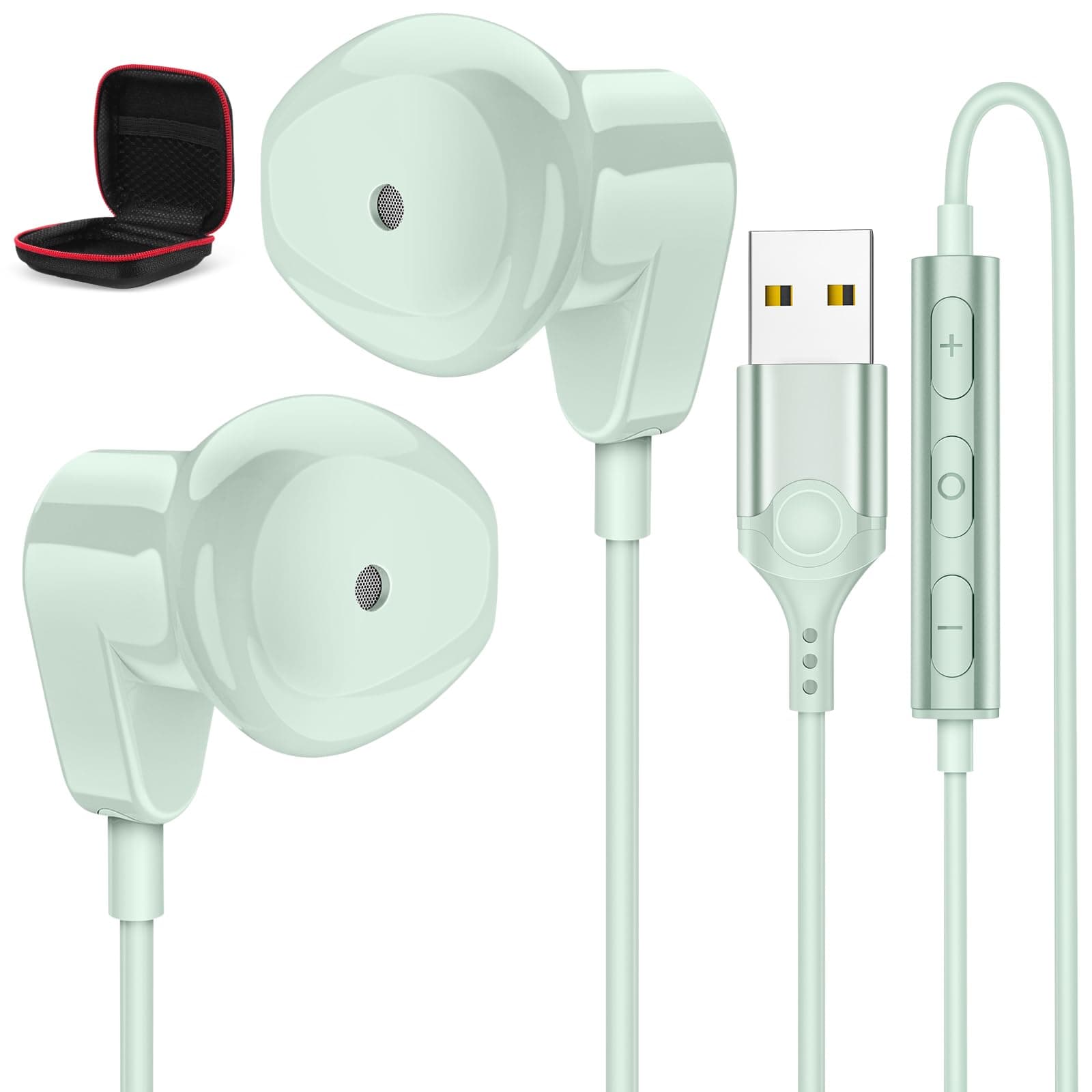 APETOO USB Headset with Microphone for PC/Laptop, 7.5FT USB Type-A Wired Earbuds in-Ear Headphones - Volume Control, Mute Audio, Lightweight, Compatible with Lenovo Acer HP Dell Laptop Desktop, Mint