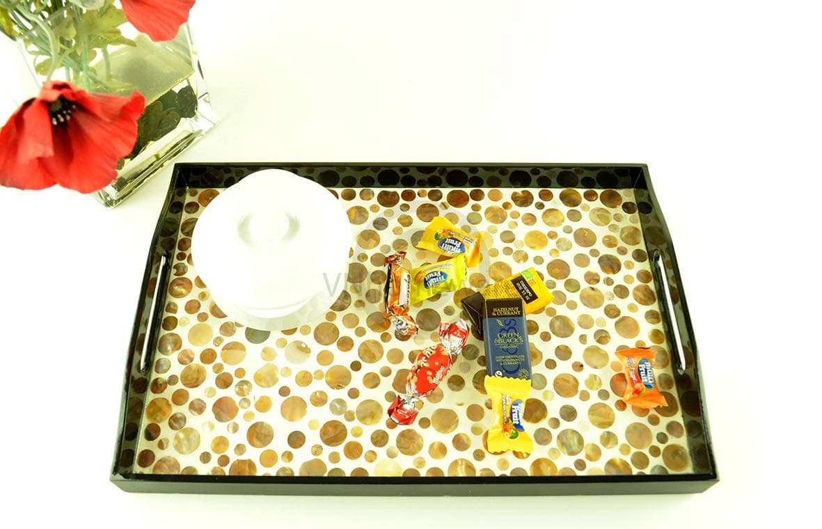 wooden tray handmade serving tray platter rectangular wood tray lacquer inlaid with mother of pearl sea shell fine quality decorative small size brown black H062S