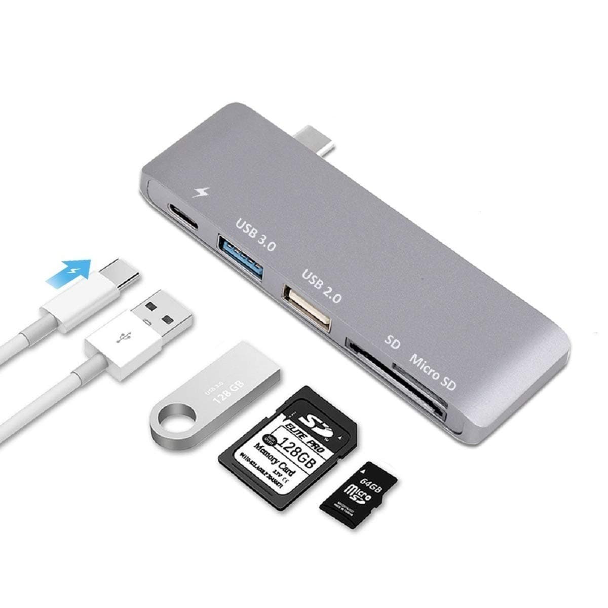 USB Type C Hub Adapter, Yuanj 5 in 1 Multi-Port USB 3.0 Type-C Adapter with 1 USB 3.0 Port, 1 USB 2.0 Port, SD/Micro Card Reader and USBC Charging Port, Type-C USB for MacBook Pro and More - Aluminum, Grey