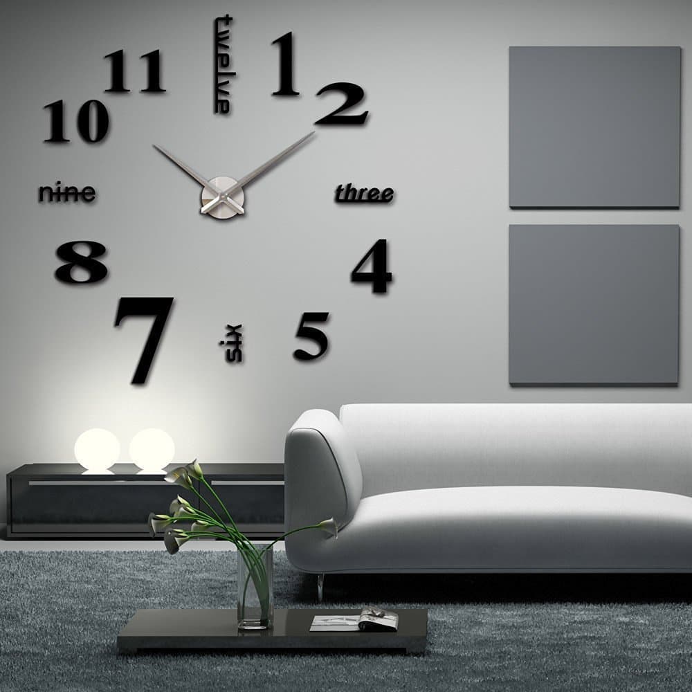 Modern 3D Frameless Large 3D DIY Wall Clock Watches Hours DIY Decorations Home for Living Room Bedroom (black)
