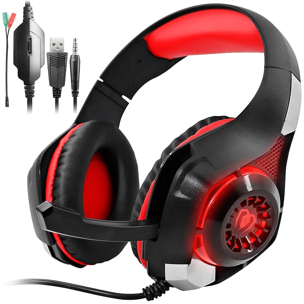 AFUNTA GM-1 Gaming Headset Compatible New PS4 PC Tablet Cellphone, Stereo LED Backlit Headphone with Mic Red