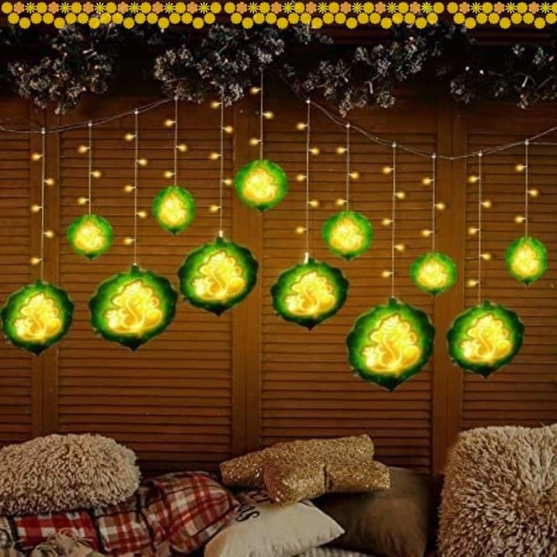 Desidiya Plastic Decorative Ganesh Curtain Led String Lights,Warm White with 6+6 Ganesh Leaf Design(Pack of 1) Idol for Ganesh Chaturthi and Balcony Decoration-1 Meters
