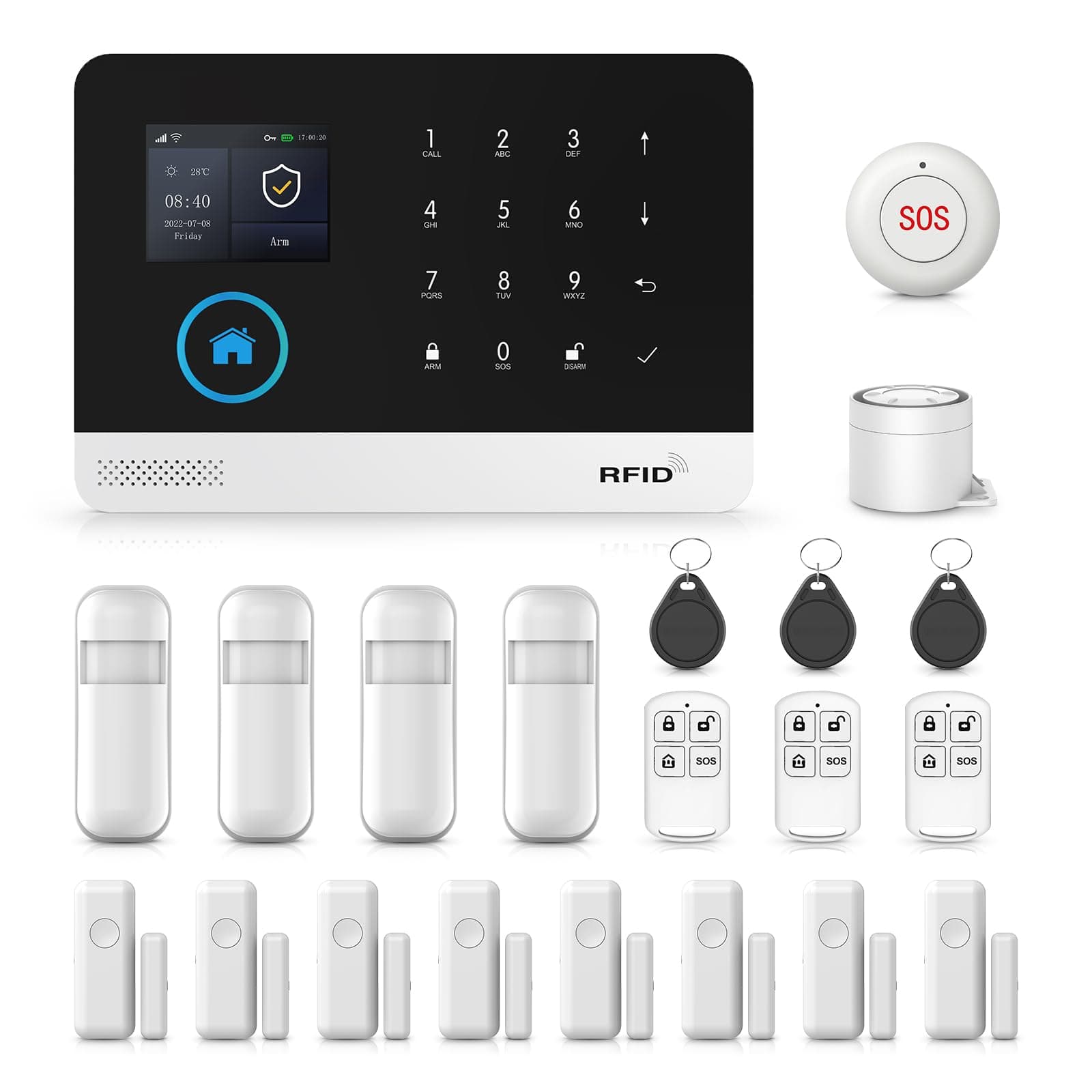 PGST Smart home security system, Wi-Fi/GSM alarm system, works with Alexa, supports mobile app notifications, includes 1 alarm hub, 8 door alarm, 4 motion sensors, 3 remote controls, 3 RFID tag, 1