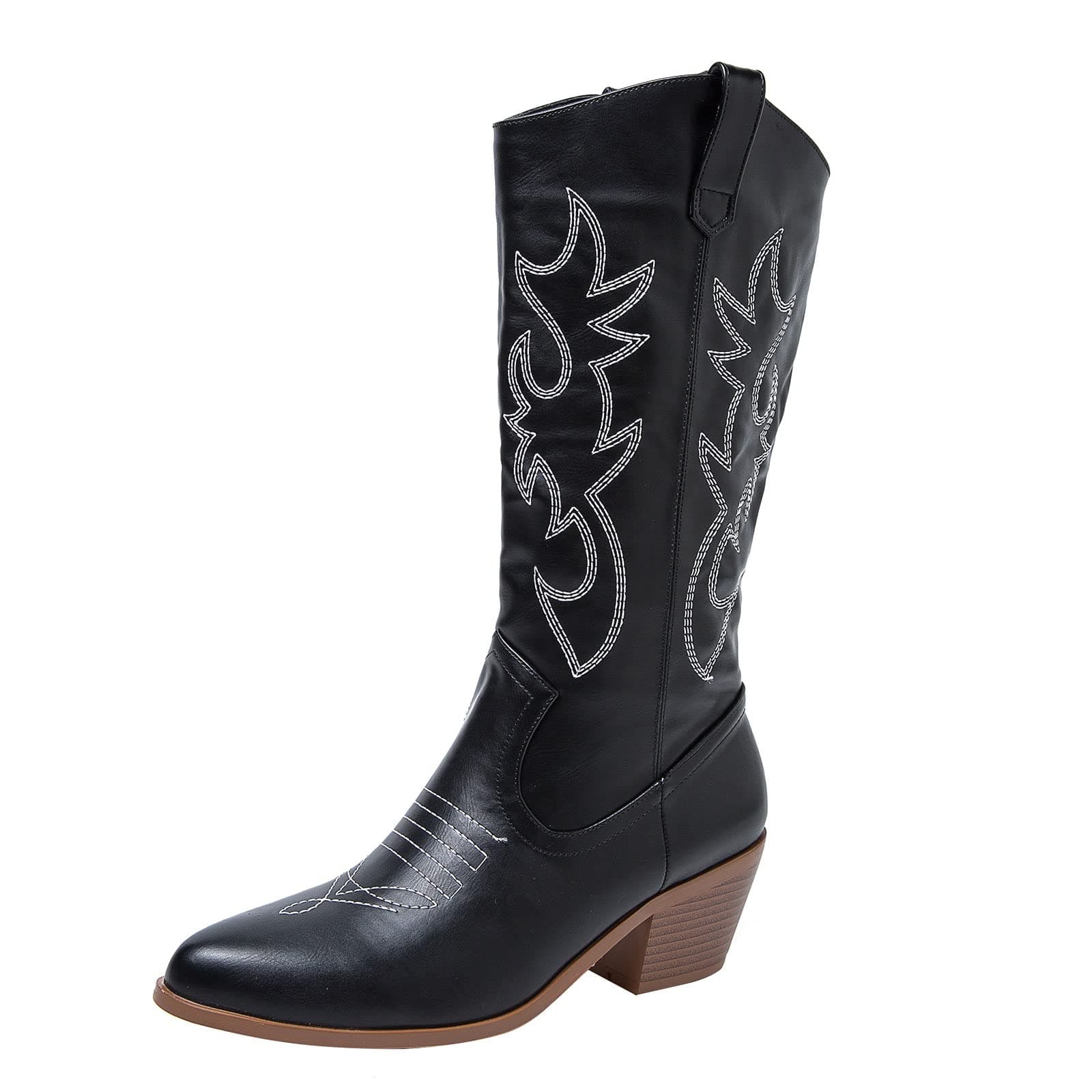 Women's Embroidered Cowboy Boots Chunky Heel Pointed Toe Pull-On Vintage Classic Western Cowgirl Knee High Boots