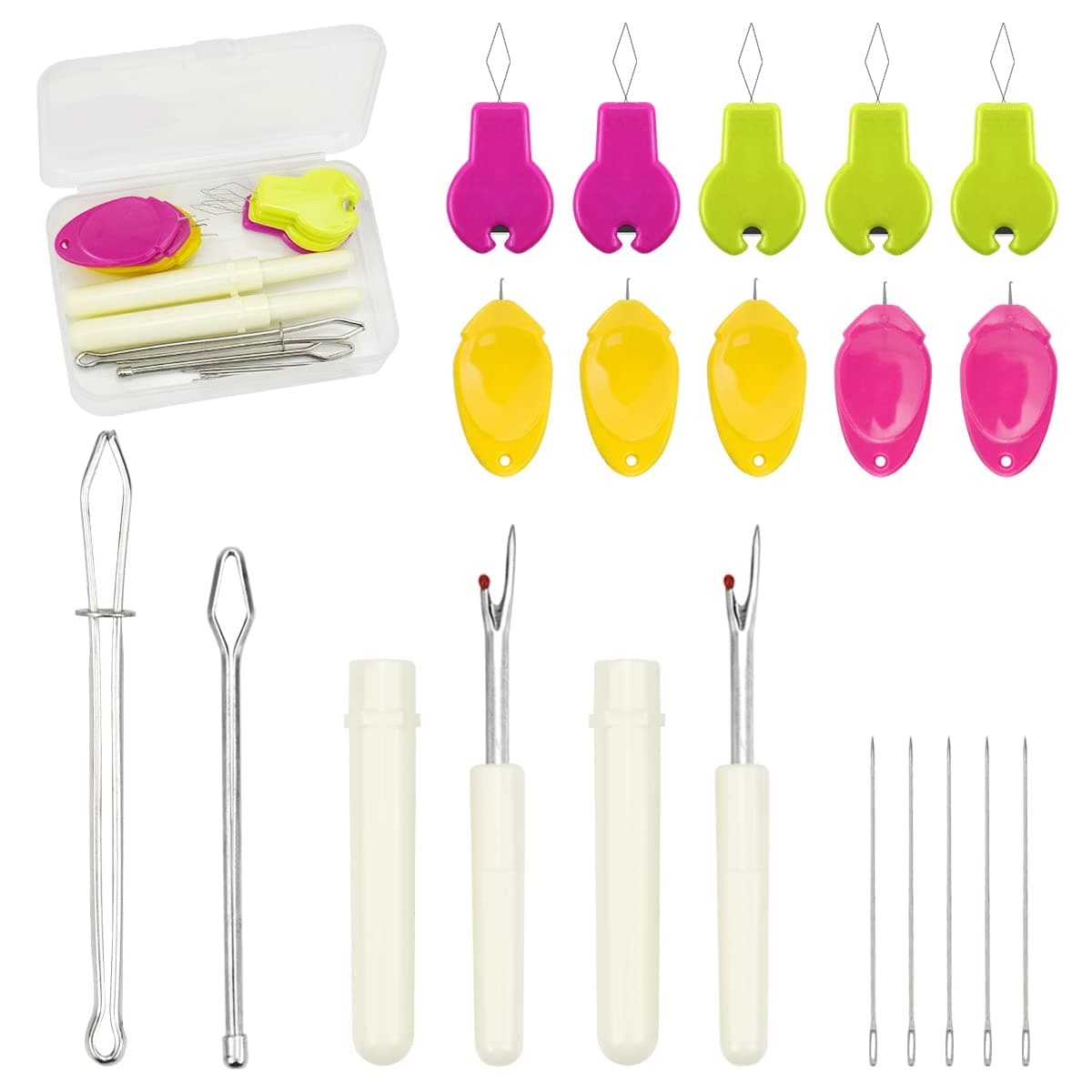 Lechchy Needle Threader for Hand Sewing & Sewing Machine - 10 Simple Needle Threaders for Embroidery Floss + 2 Seam Rippers + 2 Drawstring Threaders + 5 Needles