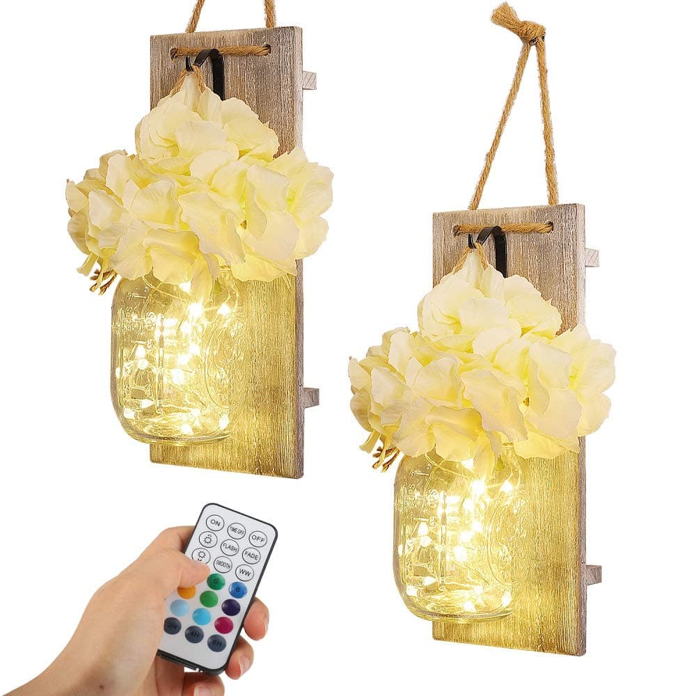 Mason Jar Sconces USB & Battery Operated LED String Lights with Remote Control ,Iron Hooks & Hydrangea Artificial Flowers Wall Lights Indoor for Bathroom,Hanging Decorations (10 Colours Set of 2 )