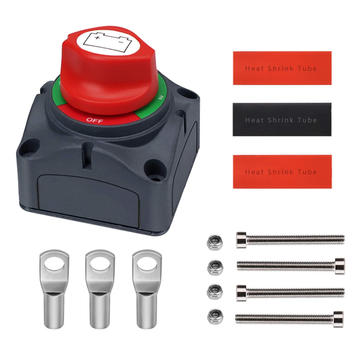 Battery Disconnect Switch, Battery Power On/Off Switch with 4 Position for RV Battery Marine Boat Car Vehicles, with Terminals and Shrink Tubes