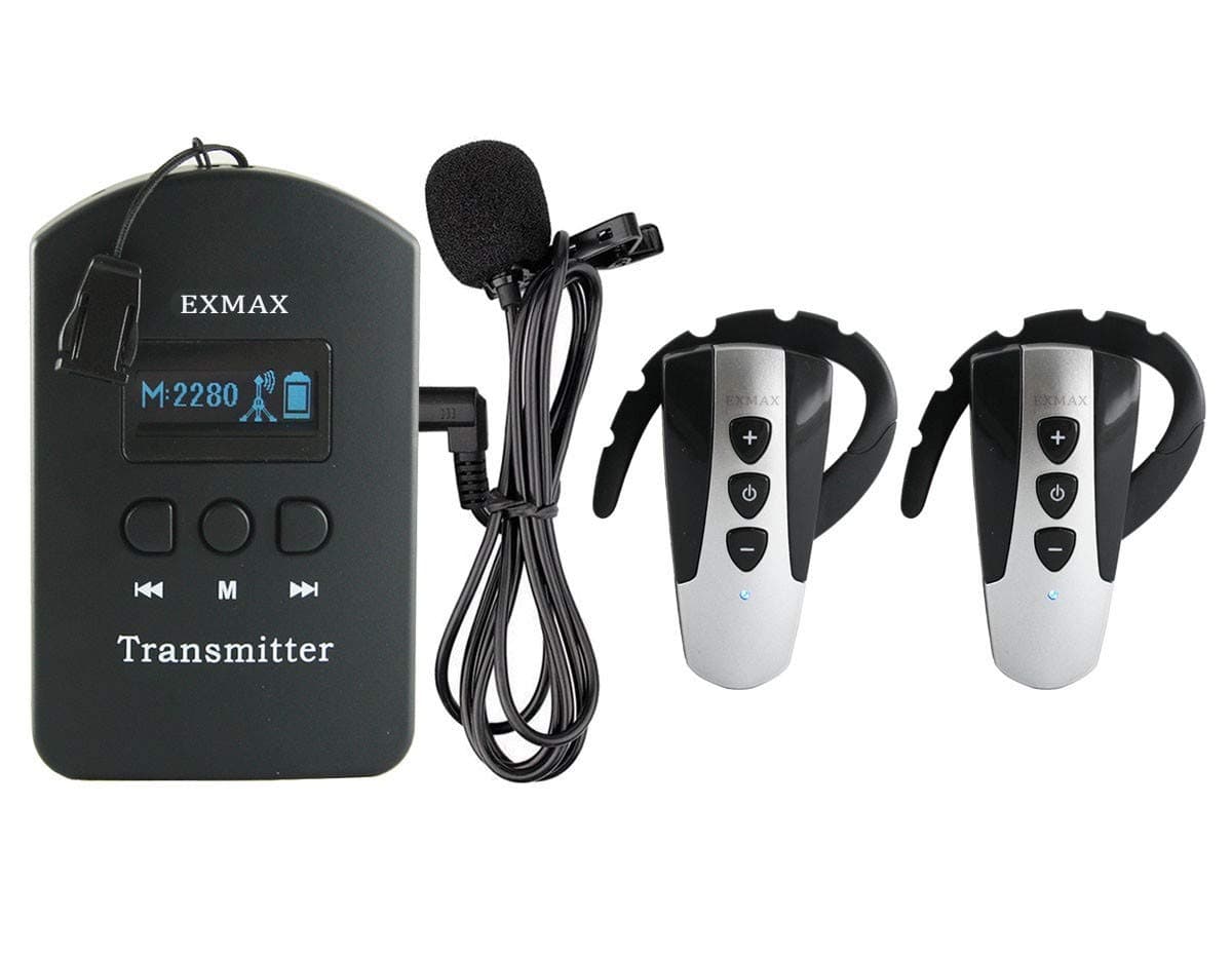 EXMAX EXD-6824 Wireless Audio Tour Guide System – Simultaneous Interpreting Kit with 1 Transmitter & 2 Receivers for Church Translation, Training, Meetings, Exhibitions, Industrial Tours,Classroom