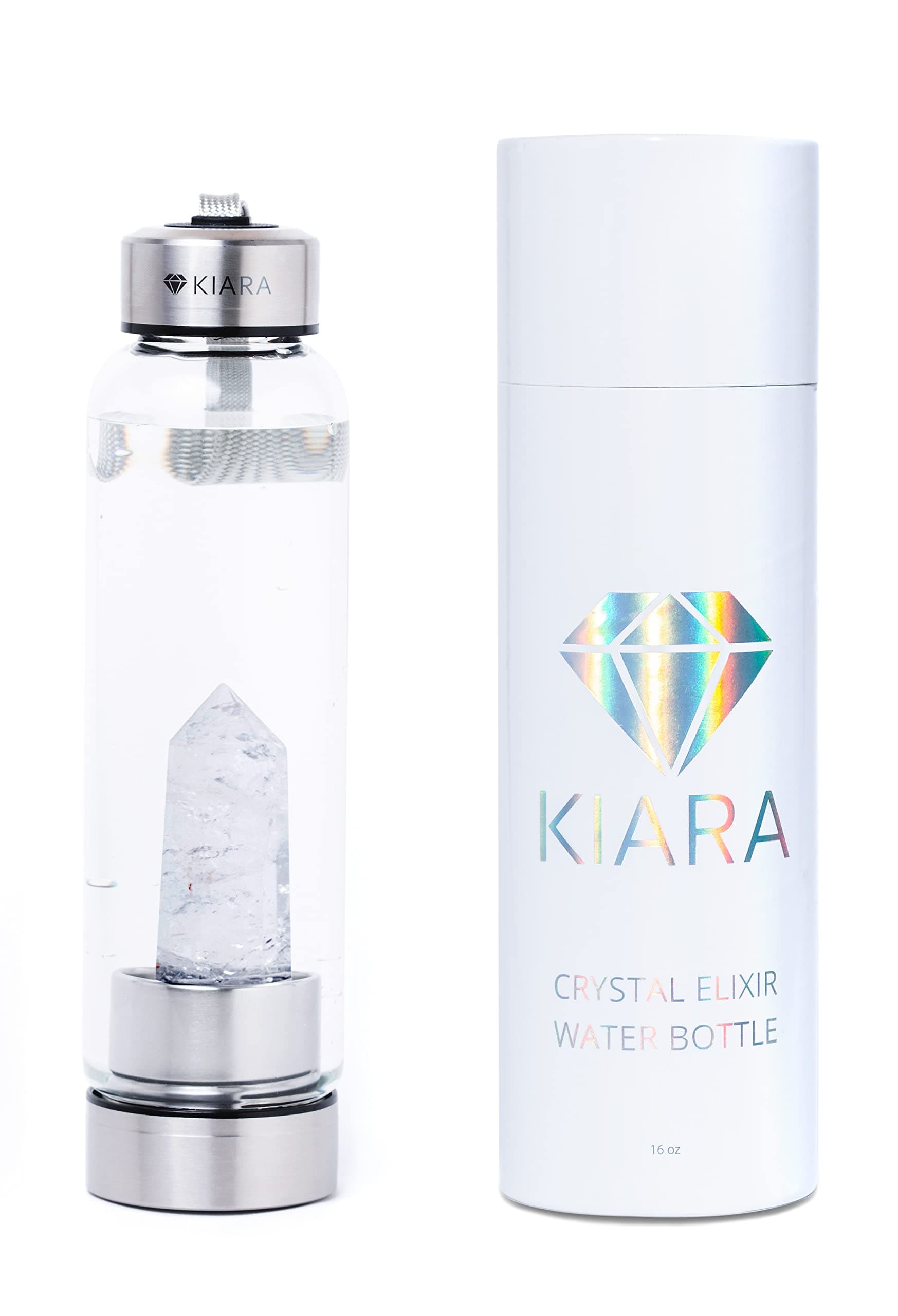 Elixir Bottle | 16oz Natural Crystal Water Bottle for Making Gemstone Infused Alkaline Water | Includes Premium Healing Crystal, Free E-Book and Neoprene Sleeve (Clear Quartz)