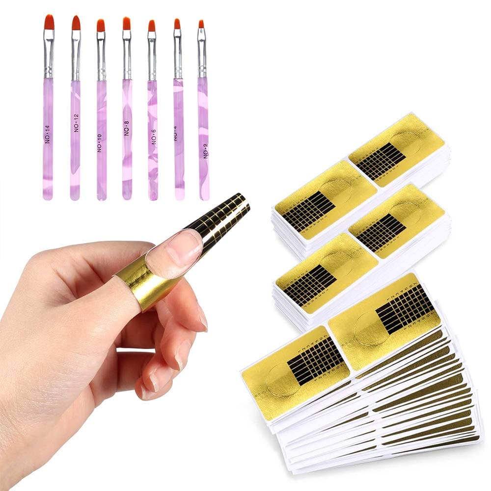 Kavya 600 PCS Nail Forms, 7 Nail Art Brushes , Nail Form Extension Sticker, Nail Art Forms Sticker, Nail Extension Self-Adhesive Tips for Acrylic UV Gel Nail Art