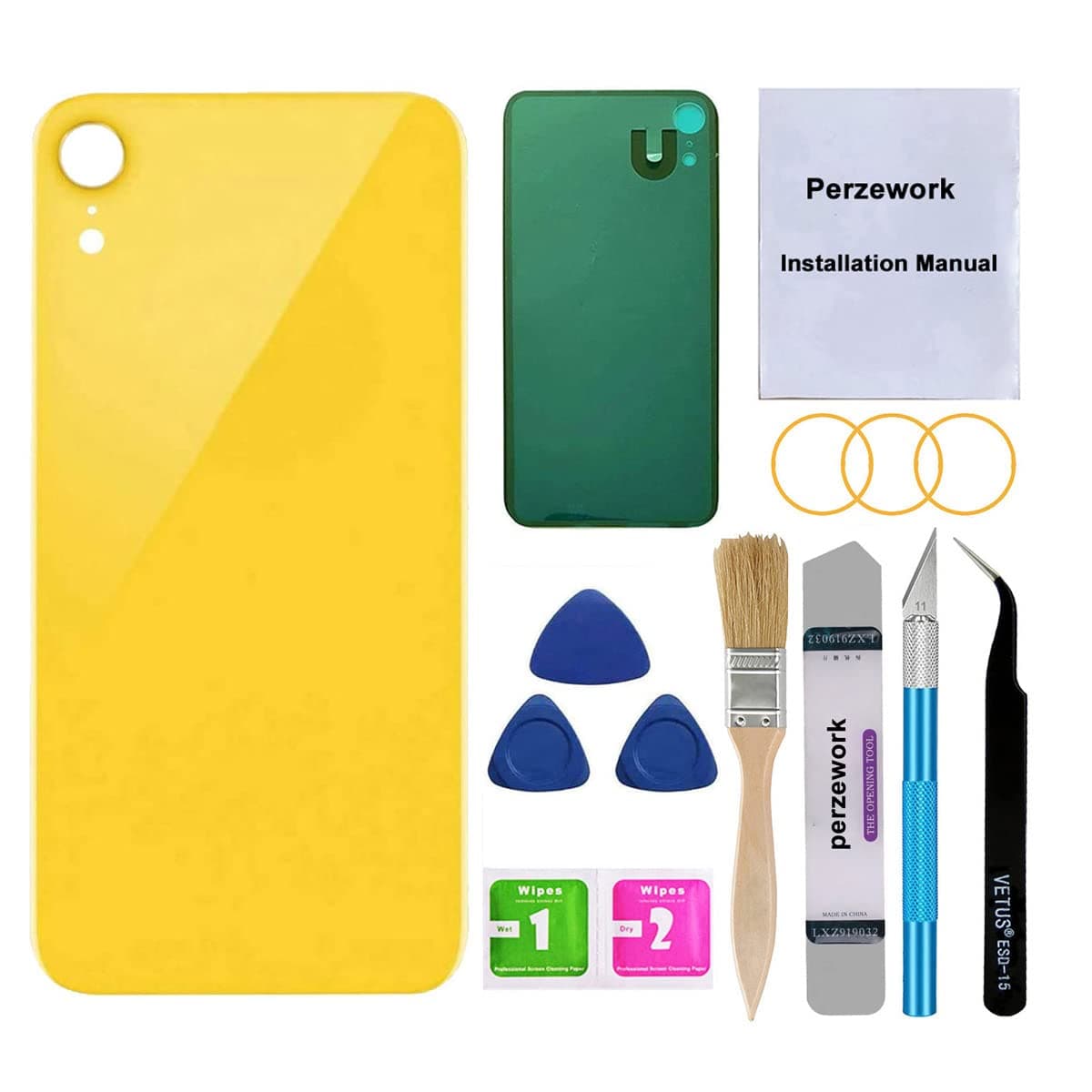 PerzeworkOEM Rear Back Glass Replacement for iPhone XR 6.1 inches with Reparing Toolkit and Pre-installed Adhesive (Yellow)