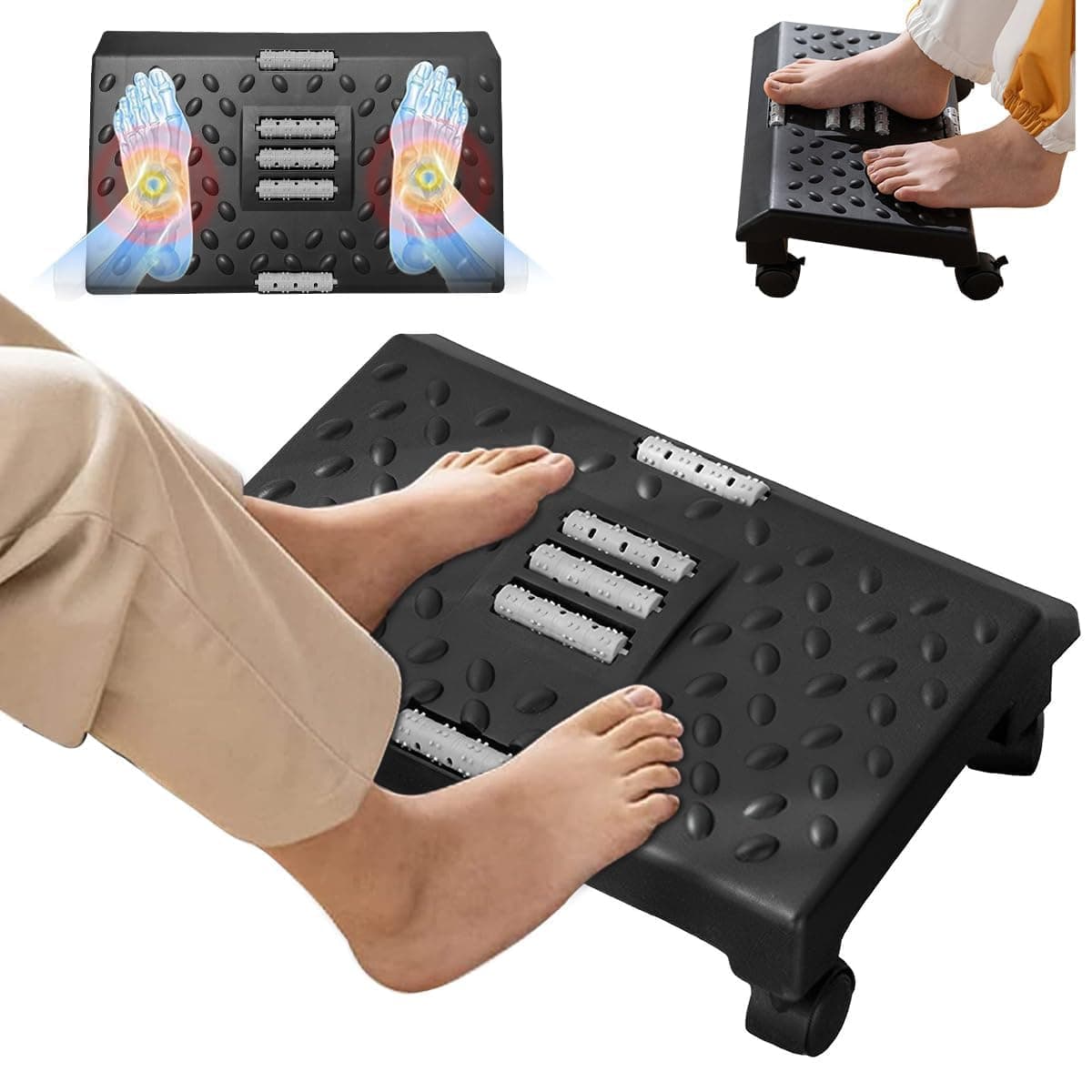 NYTRYD Foot Rest, Under Desk Foot Rest with Massage Function, 360° Rotatable Movable Footrest Massager & 4 Pulleys Ergonomic, Non-Slip Footstool for Office and Home (ROLLING-01)