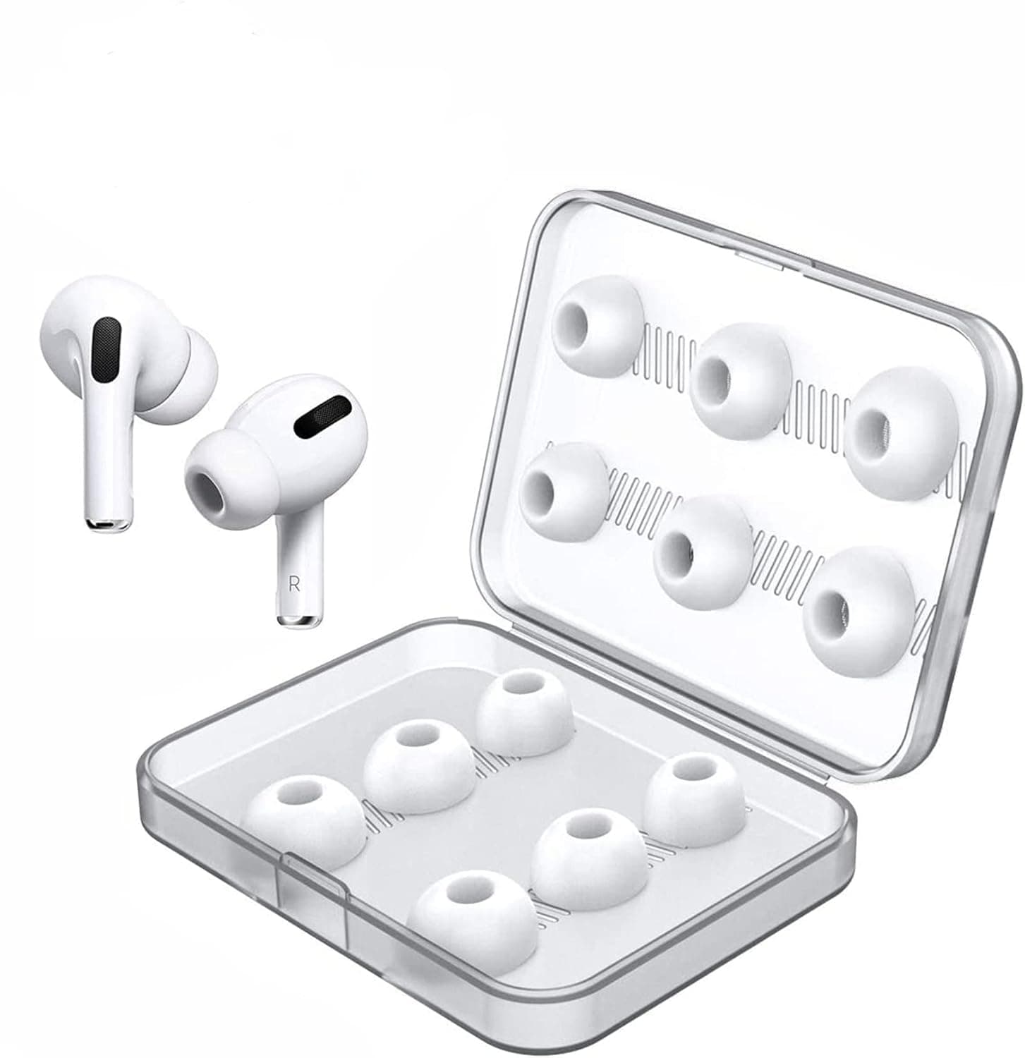 6 Pairs 3 Size White Replacement Silicone Ear Buds Tips with Plastic Portable Storage Box for AirPods Pro