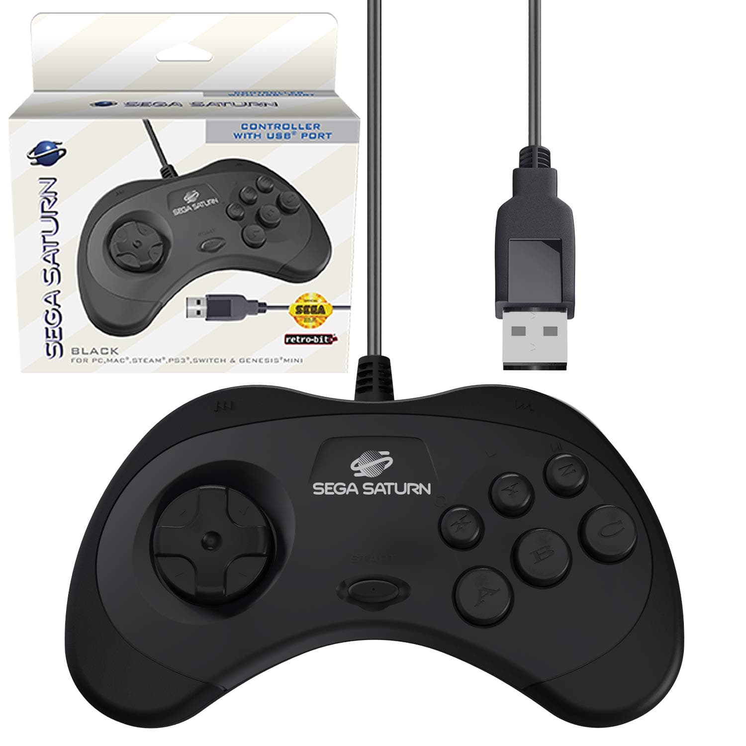 Official Sega Saturn USB Controller Pad (Model 2) for Sega Genesis Mini, PS3, PC, Mac, Steam, Switch - USB Port (Black)