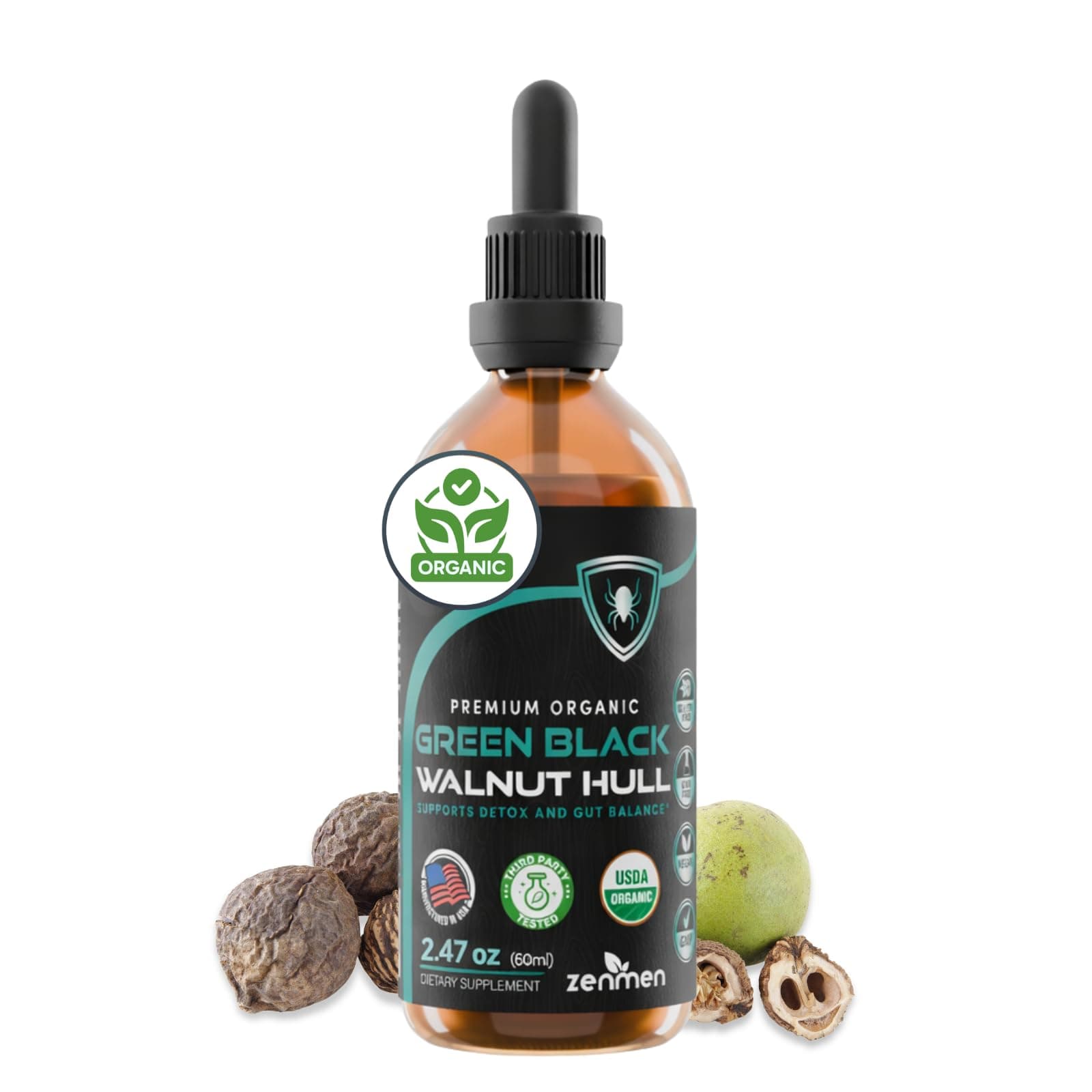 Zenmen Organic Green Black Walnut Hull Tincture — Digestive & Gut Wellness Support | Harvested When Green, USDA Certified Organic, Vegan | 2.37 fl oz / 60ml | Manufactured in the USA