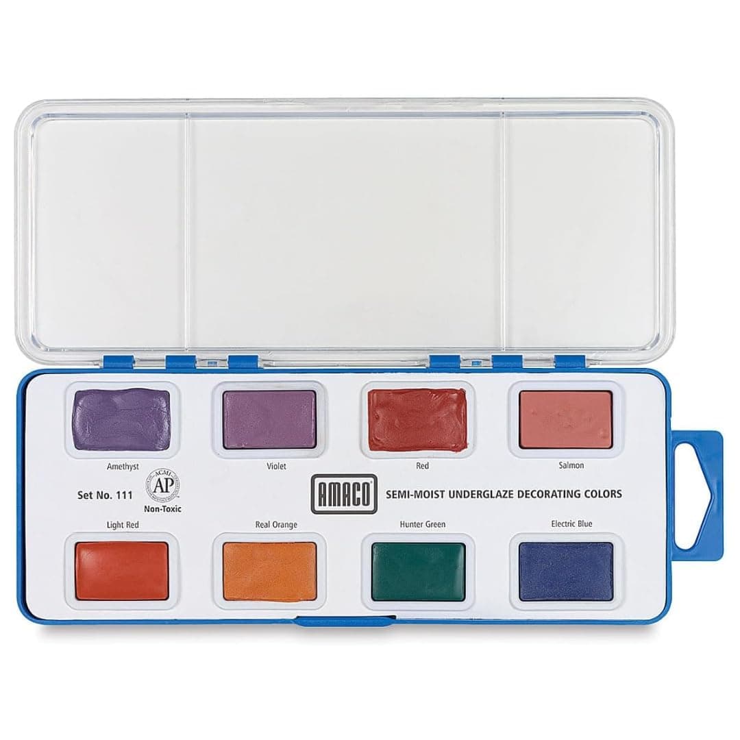 AMACO Semi-Moist Underglazes 8-Count Set No. 4 (#111), 8 Assorted Decorating Colors in Watercolor-Like Pans, Low/Mid-High Fire Cone 05-6 (SMUG) Ceramic Pottery Underglazes for Unfired Clay and Bisque