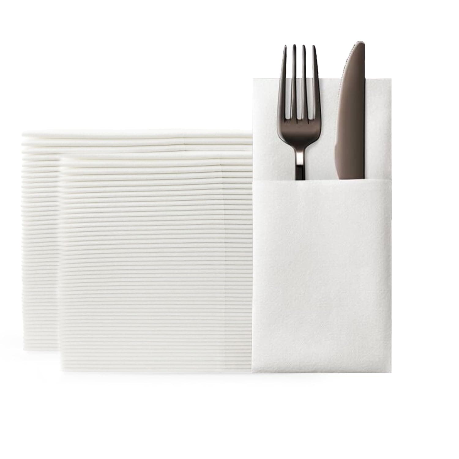 100 Pack White Paper Dinner Napkins with Built-in Flatware Pocket Disposable Paper Linen Feel Napkins Guest refolded for Silverware 16x16 inches