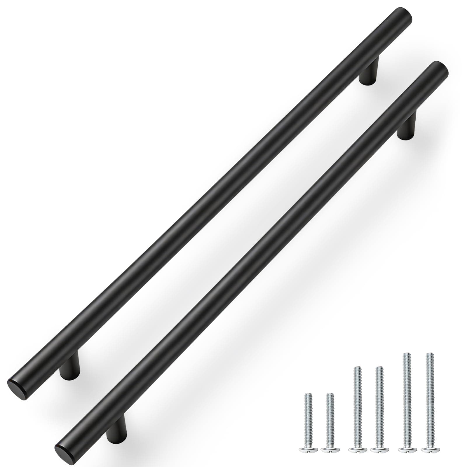 PinLin Black Kitchen Cupboard Handles 224mm Hole Centre Round Cabinet Pulls 5 Pack Stainless Steel T Bar Drawer Handle (Screws Included)